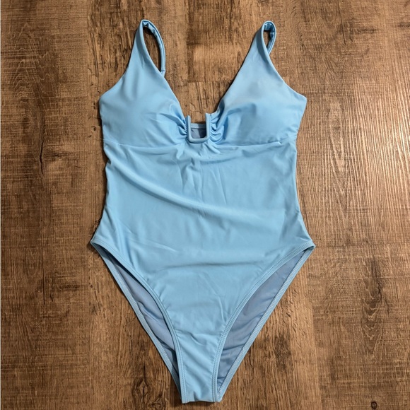 Other - Blue One-Piece Swimsuit with Plunging Neck and High-Leg Cut